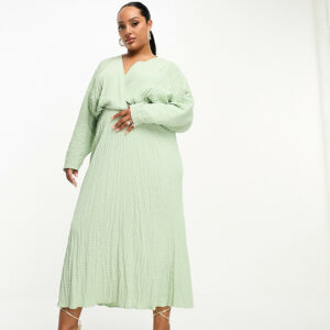 ASOS DESIGN Curve seersucker wrap front batwing midaxi dress in sage green