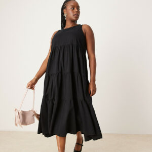 ASOS DESIGN Curve soft denim tiered maxi dress in black