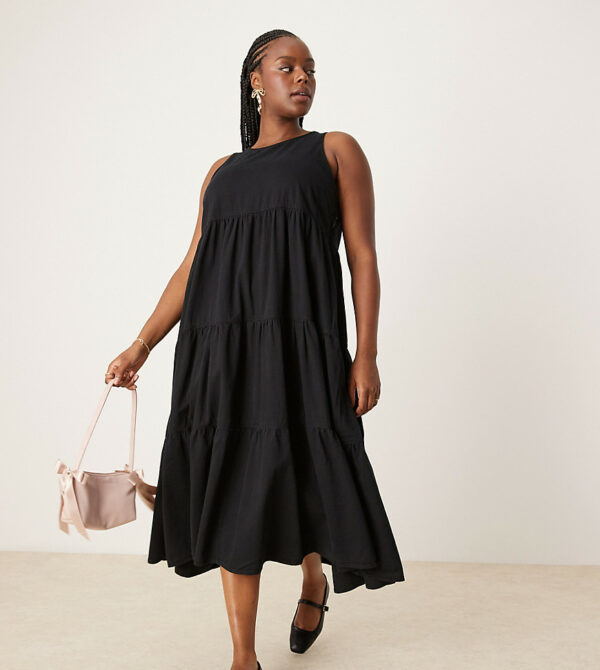 ASOS DESIGN Curve soft denim tiered maxi dress in black