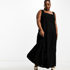 ASOS DESIGN Curve square neck broderie tiered maxi dress in black