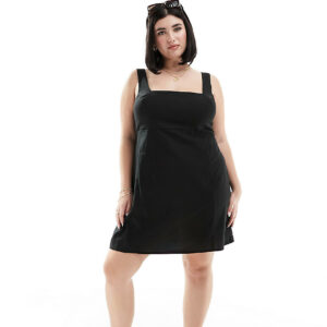 ASOS DESIGN Curve square neck tie back linen mini sundress in black