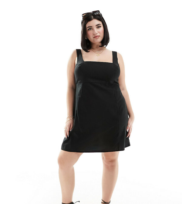 ASOS DESIGN Curve square neck tie back linen mini sundress in black