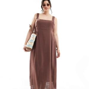 ASOS DESIGN Curve square neck tie back midi sundress in chocolate-Brown