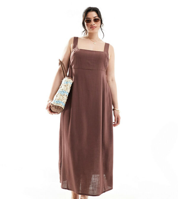 ASOS DESIGN Curve square neck tie back midi sundress in chocolate-Brown