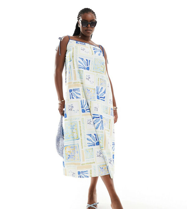 ASOS DESIGN Curve strappy trapeze maxi dress with contrast straps in summer tile print-Multi