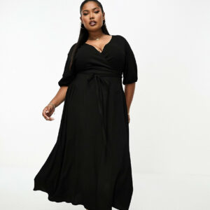 ASOS DESIGN Curve textured crinkle wrap midi dress with tie side in black