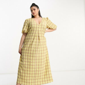 ASOS DESIGN Curve textured midi tea dress in yellow check-Multi