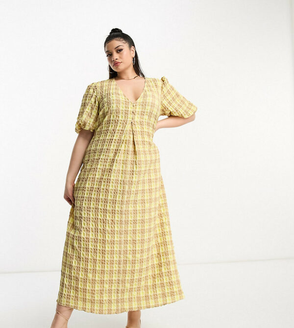 ASOS DESIGN Curve textured midi tea dress in yellow check-Multi