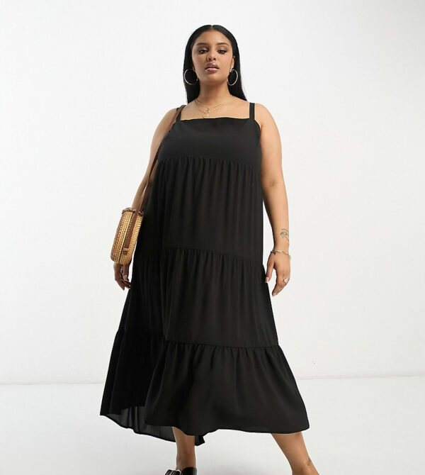 ASOS DESIGN Curve tiered hi low hem maxi dress in black