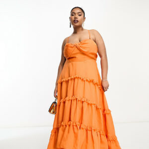 ASOS DESIGN Curve twist front tiered babydoll voile maxi dress with frills and hi low hem in orange