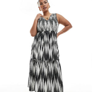 ASOS DESIGN Curve v-neck crinkle midi sundress with tiered skirt in abstract print-Multi