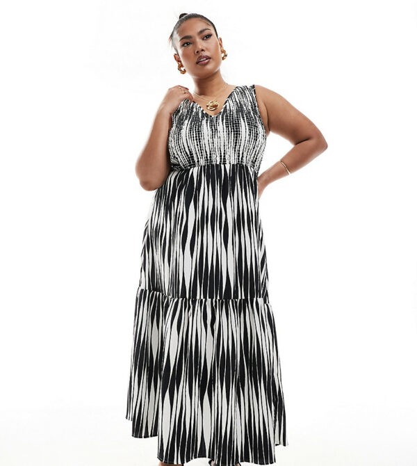 ASOS DESIGN Curve v-neck crinkle midi sundress with tiered skirt in abstract print-Multi