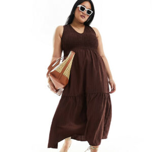 ASOS DESIGN Curve v-neck crinkle midi sundress with tiered skirt in chocolate-Brown