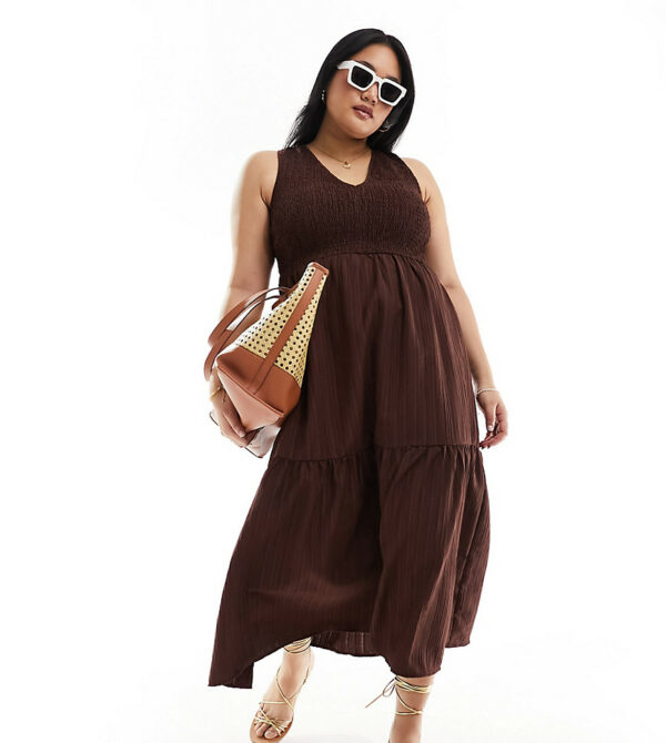 ASOS DESIGN Curve v-neck crinkle midi sundress with tiered skirt in chocolate-Brown