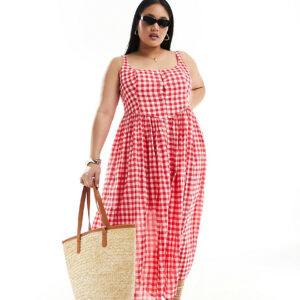 ASOS DESIGN Curve voile picnic midi sundress in red gingham-Multi