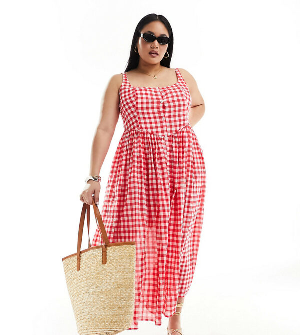 ASOS DESIGN Curve voile picnic midi sundress in red gingham-Multi