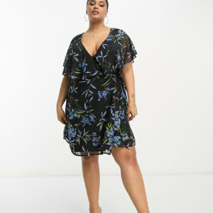 ASOS DESIGN Curve wrap flutter sleeve mini tea dress in black floral-Multi