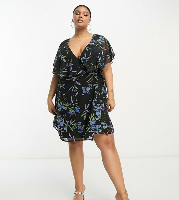 ASOS DESIGN Curve wrap flutter sleeve mini tea dress in black floral-Multi