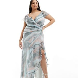 ASOS DESIGN Curve wrap front ruffle maxi dress with high split detail in abstract print-Multi