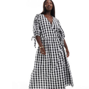 ASOS DESIGN Curve wrap midi smock dress in mono gingham-Multi