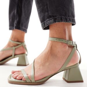 ASOS DESIGN Hibiscus asymmetric mid block heeled sandals in sage green