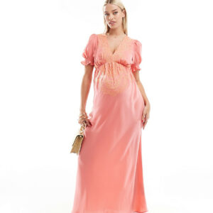 ASOS DESIGN Maternity embroidered satin midi tea dress in pink with peach embroidery-Multi