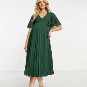 ASOS DESIGN Maternity exclusive pleated midi dress with kimono sleeve and tie waist in forest green