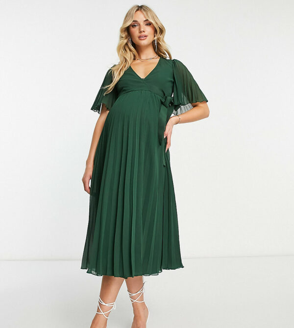 ASOS DESIGN Maternity exclusive pleated midi dress with kimono sleeve and tie waist in forest green