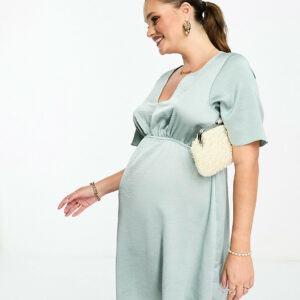 ASOS DESIGN Maternity satin angel sleeve mini tea dress in duck egg-Blue