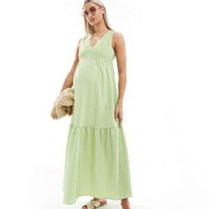 ASOS DESIGN Maternity v-neck crinkle midi sundress with tiered skirt in green