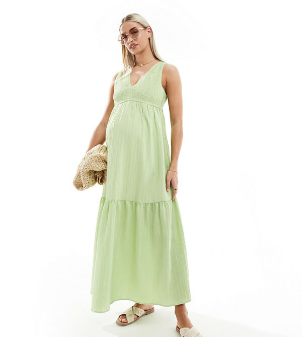 ASOS DESIGN Maternity v-neck crinkle midi sundress with tiered skirt in green