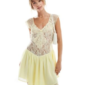 ASOS DESIGN Mixed lace mini tea dress in lemon yellow