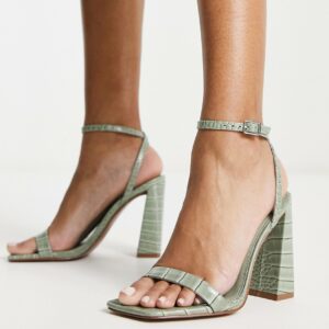 ASOS DESIGN Nora barely there block heeled sandals in sage green croc