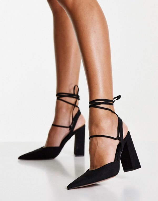 ASOS DESIGN Panda tie leg block heeled shoes in black