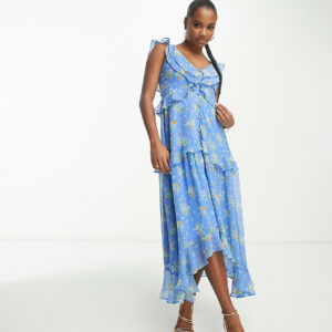 ASOS DESIGN Petite chiffon v neck frill midi tea dress with button through in ditsy floral-Multi