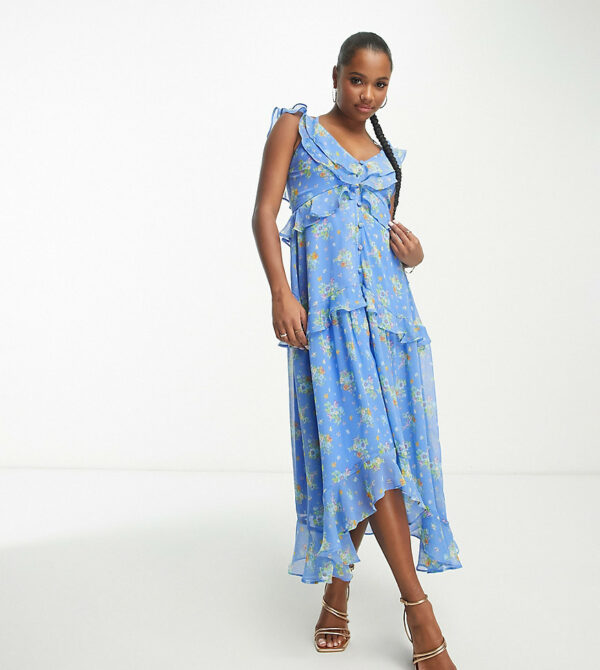 ASOS DESIGN Petite chiffon v neck frill midi tea dress with button through in ditsy floral-Multi