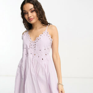 ASOS DESIGN Petite cutwork detail mini smock sundress in lilac-Purple