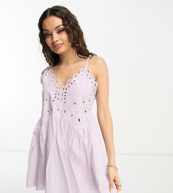 ASOS DESIGN Petite cutwork detail mini smock sundress in lilac-Purple