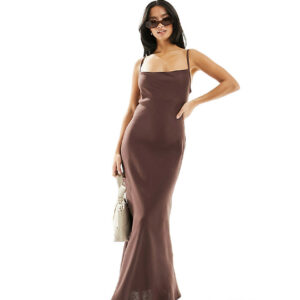 ASOS DESIGN Petite linen cowl detail maxi slip sundress with draped back detail in chocolate-Brown