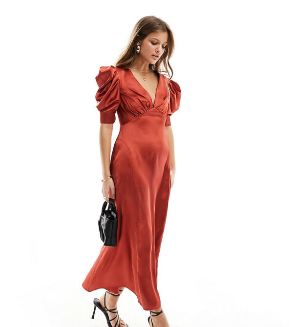 ASOS DESIGN Petite satin v neck midi tea dress with puff sleeves in rust-Red