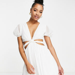 ASOS DESIGN Petite soft tiered mini dress with tie waist detail in white