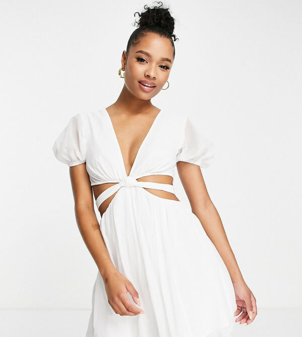 ASOS DESIGN Petite soft tiered mini dress with tie waist detail in white