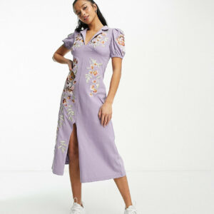 ASOS DESIGN Petite ultimate midi tea dress with collar and floral embroidery in lilac-Purple