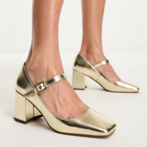 ASOS DESIGN Selene mary jane mid block heeled shoes in gold