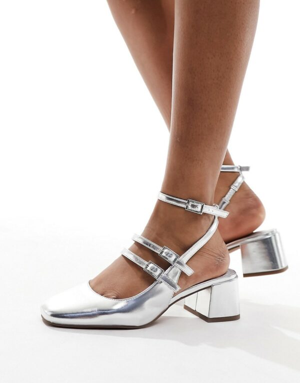 ASOS DESIGN Soccer mid block heeled mary jane shoes in silver