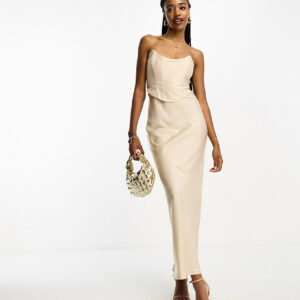 ASOS DESIGN Tall bandeau contrast fabric slip maxi dress with corset detail in gold