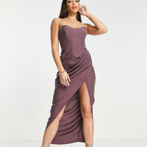 ASOS DESIGN Tall corset bandeau midi dress in washed fabric with drape detail skirt in wine-Green