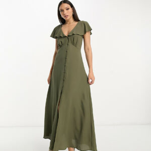 ASOS DESIGN Tall flutter sleeve midi tea dress with buttons in khaki-Green