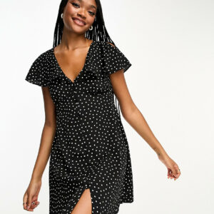 ASOS DESIGN Tall flutter sleeve mini tea dress with buttons in mono spot-Multi