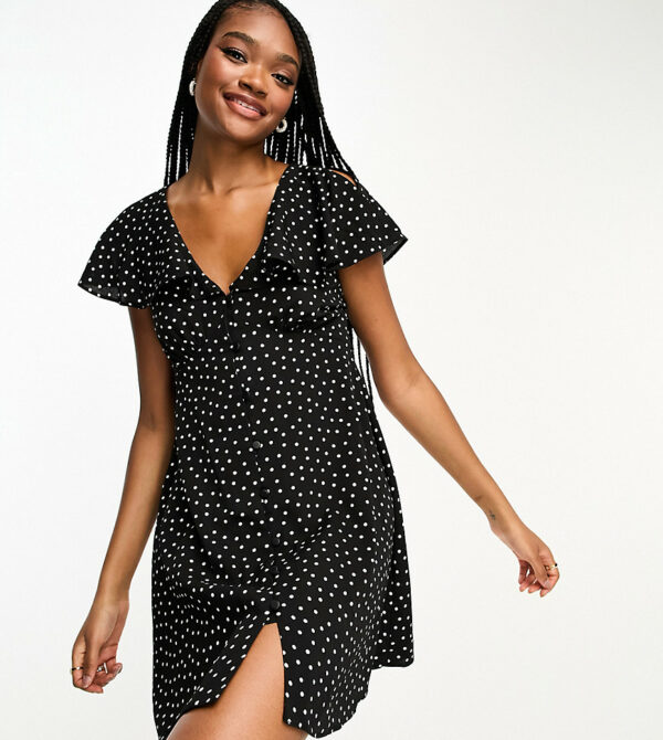 ASOS DESIGN Tall flutter sleeve mini tea dress with buttons in mono spot-Multi